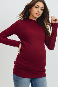 Hello Miz Mock Neck Ribbed Top Burgandy