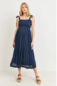 Hello Miz Smocked Tie Strap Maternity Midi Dress Navy