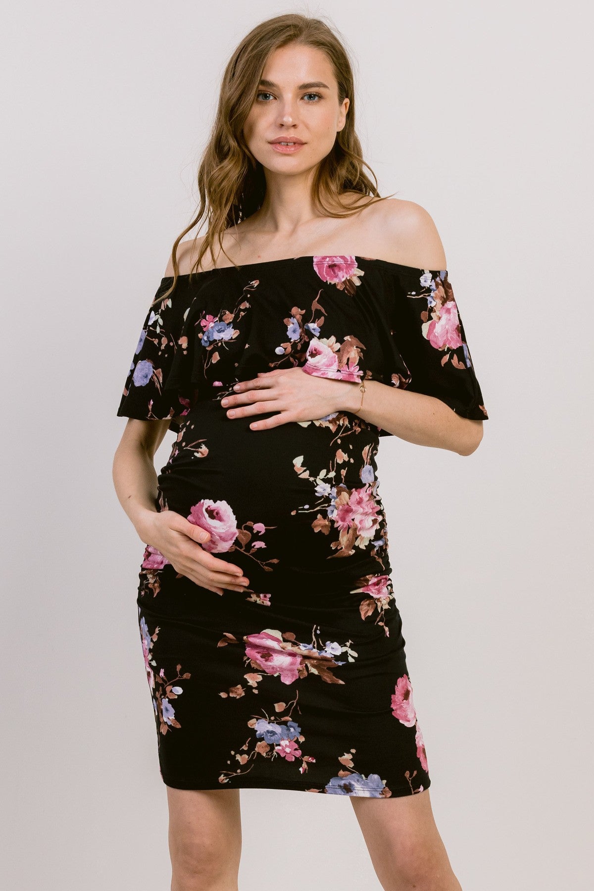 Hello Miz Ruffled Off the Shoulder Dress Black Floral