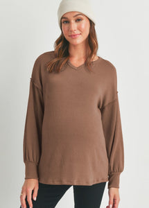 Hello Miz Rib Knit Split Neck Sweater Brown