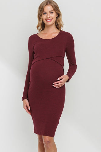 Mia Maternity & Nursing Zipper Drawstring Dress in Burgundy