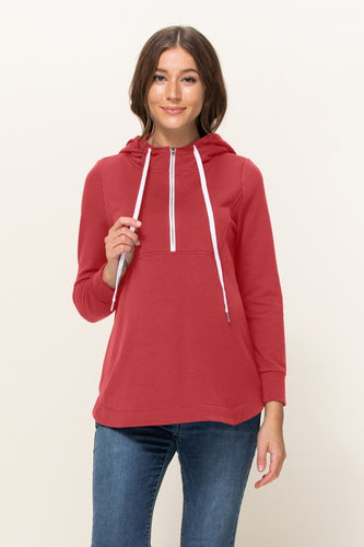 Hello Miz Heavy Brushed French Terry Maternity/Nursing Hoodie Half-Zip Red