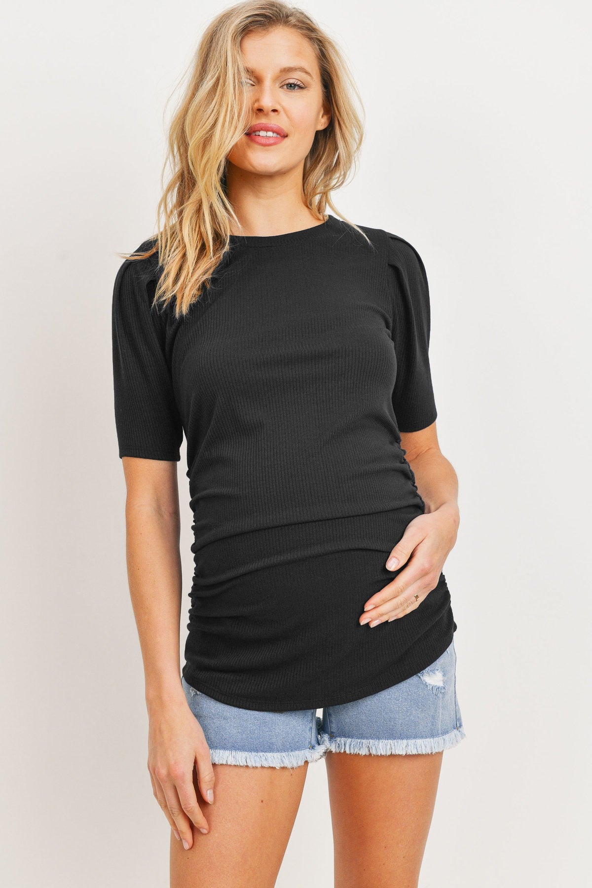 Hello Miz Puff Sleeved Ribbed Top Black